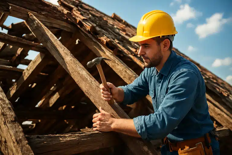 Artisan charpentier professionnel rénovant une charpente en bois endommagée dans les combles d'une maison
