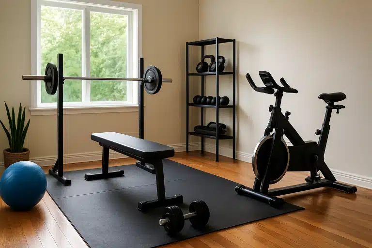 Salle de sport à domicile avec équipements fitness, haltères, tapis de yoga et banc de musculation