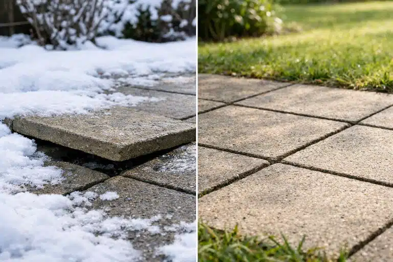 Dalles de terrasse soulevées par le gel en hiver et affaissées par la chaleur en été
