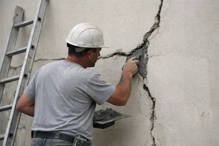 Artisan maçon réparant des fissures structurelles sur une façade de maison avec outils professionnels