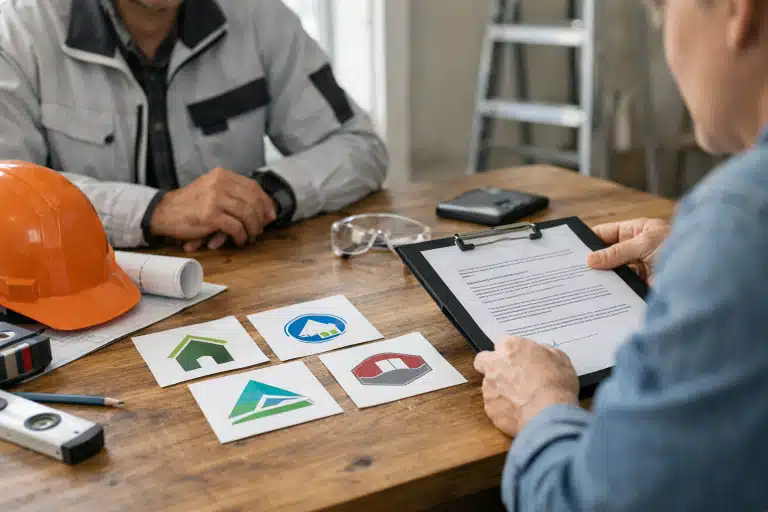 Deux personnes examinant documents avec icônes immobilières