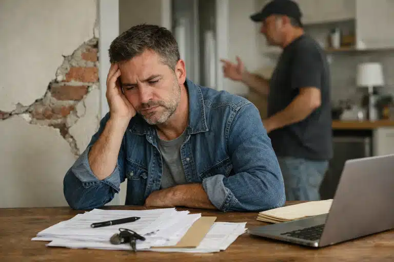 Homme pensif lisant des documents, autre homme pointant