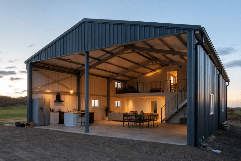 Hangar industriel aménagé en cuisine et salle à manger