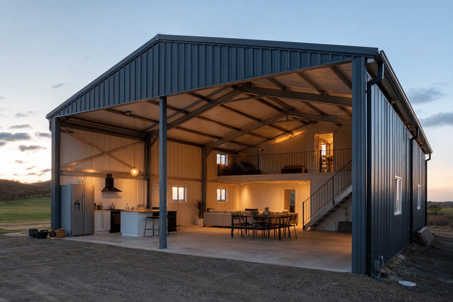 Hangar industriel aménagé en cuisine et salle à manger