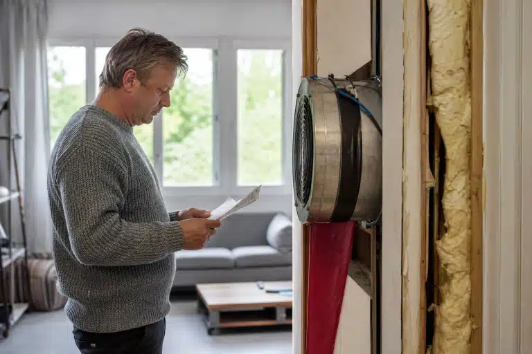 Homme examinant un conduit de ventilation en tenant un bloc-notes