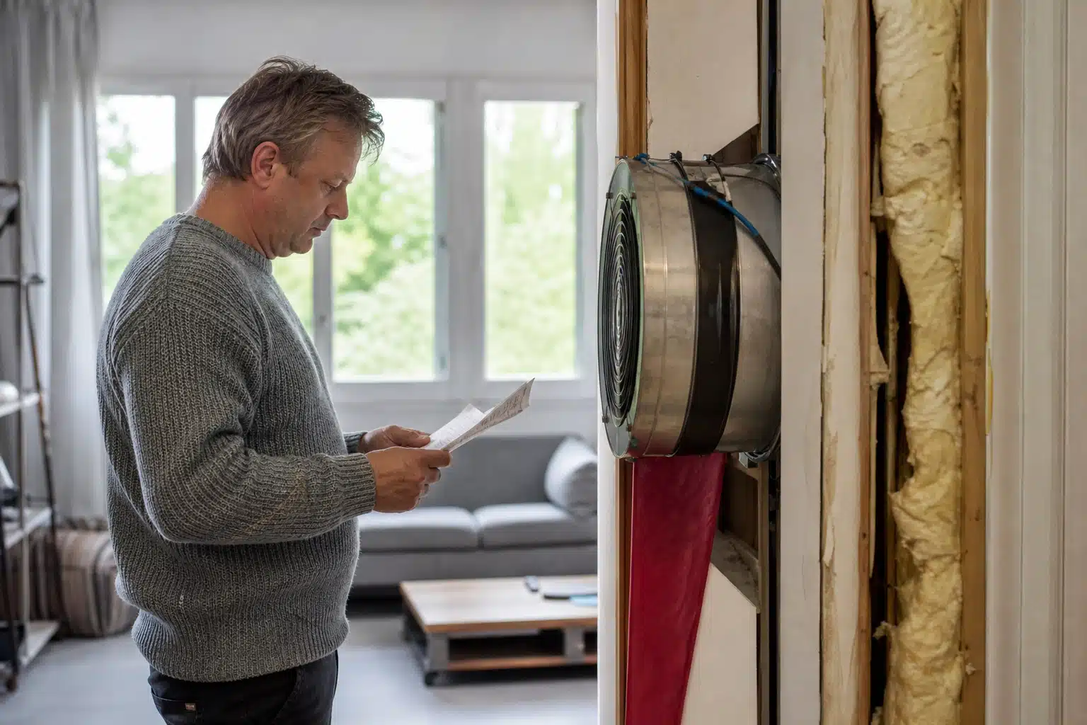 Homme examinant un conduit de ventilation en tenant un bloc-notes