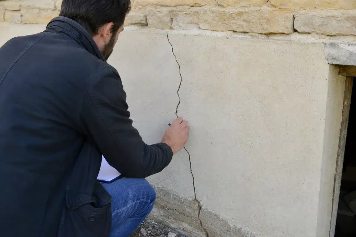 Homme inspectant une fissure verticale dans le mur