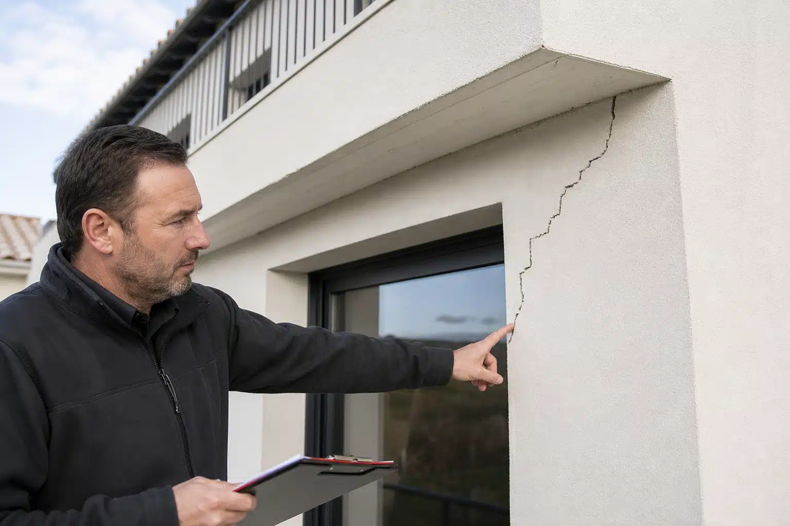 Homme inspectant une fissure murale extérieure près d'une fenêtre