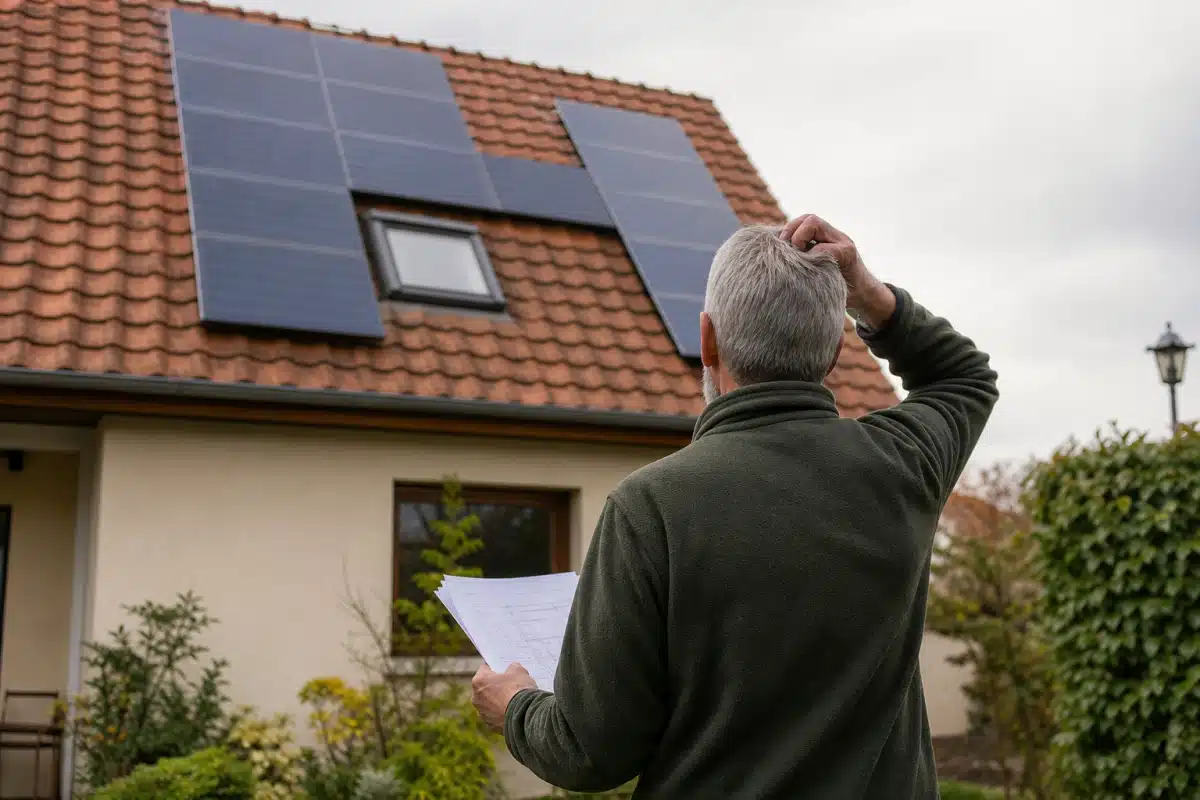 Homme regardant le toit avec panneaux solaires, tenant des plans